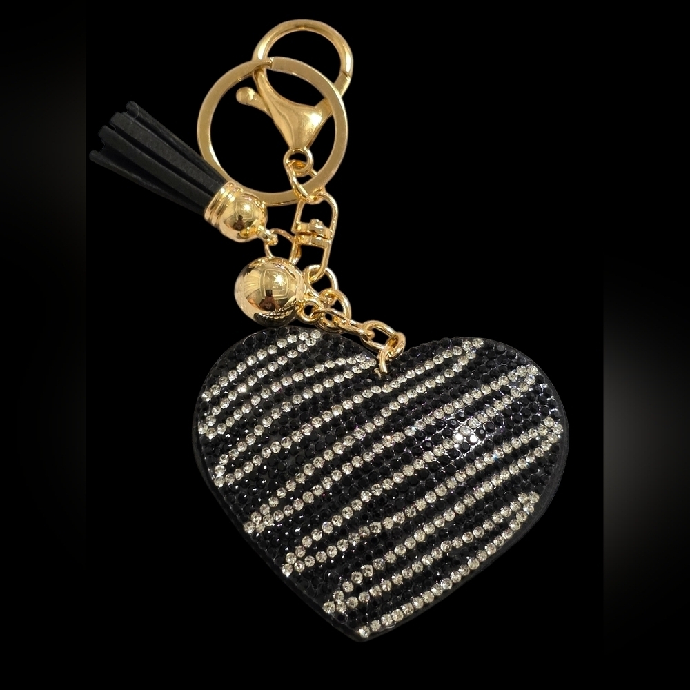 Black and Silver Heart Bag Charm Keychain - Picture 1 of 2